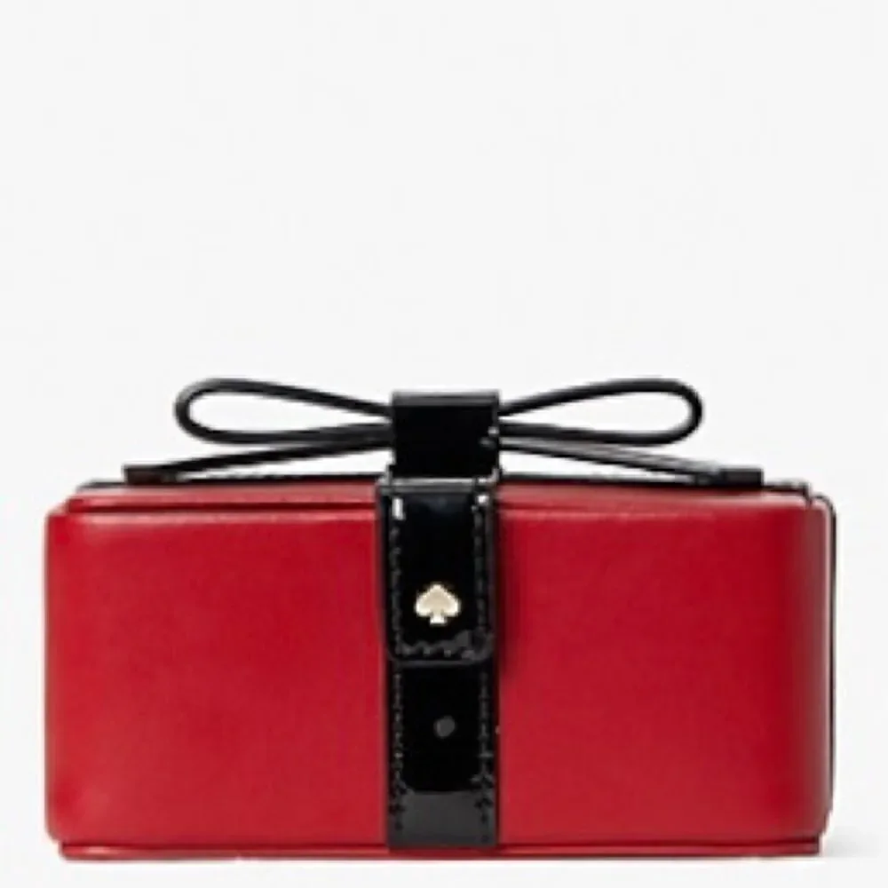 KATE SPADE GIFT/CANDY BOX LEATHER JEWELRY BOX IN RED CURRANT BLACK BOW NEW